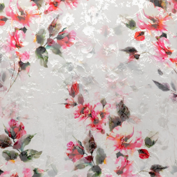 offwhite zijde viscose devore stof met roze bloemen print Italiaans import