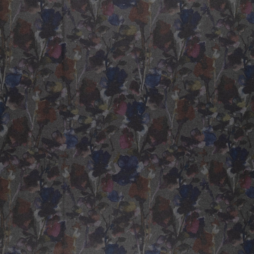 antraciet grijs wol mix tweed stof bedrukt met aubergine cyclaam indigo bloemen
