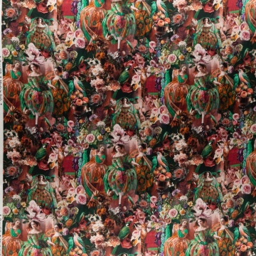 flessengroen satijnzijde met stretch met fuchsia, oranje, grasgroen victorian style stof