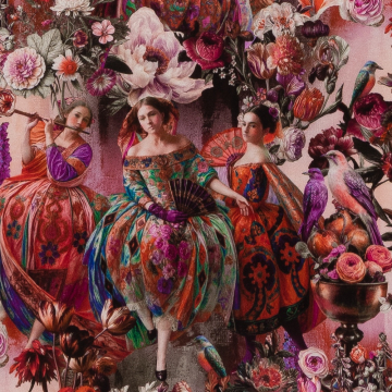 licht roze satijnzijde met stretch met fuchsia, cyclaam, koraal victorian style stof