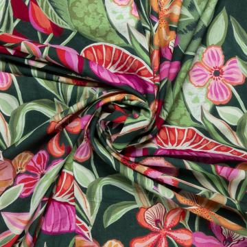 flessengroen viscose crepe met lindegroen fuchsia rood bladdessin