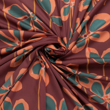bordeaux rood  satijnen stof met steenrood petrol bloemdessin
