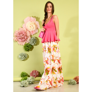 gebroken wit crepe viscose mix stof met oranje, fuchsia, geel bladdessin