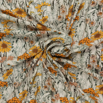 ecru viscose stof met gele zonnebloemen Italiaans import