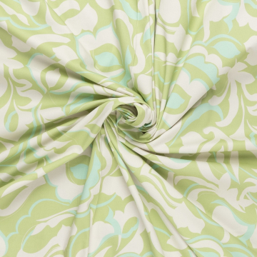 wolwit satijn katoen stof  met stretch met klimoen opaal blauw abstract bloem dessin