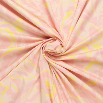 licht roze satijn katoen stof  met stretch met oud roze geel abstract bloem dessin