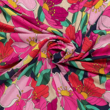 donkerblauw crepe jacquard stof  met roze fuchsia rood retro bloemdessin 