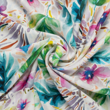 Off white linnen stof met aquarel turquoise groen bladdessin