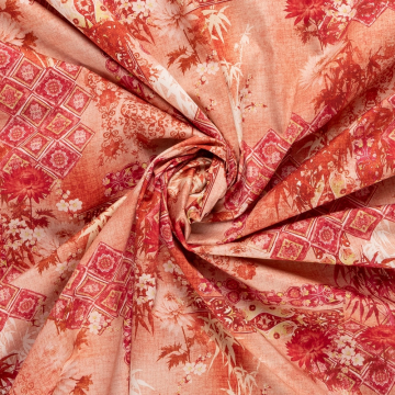 oud roze stretch satijnkatoen stof met roze wit fantasie bladdessin