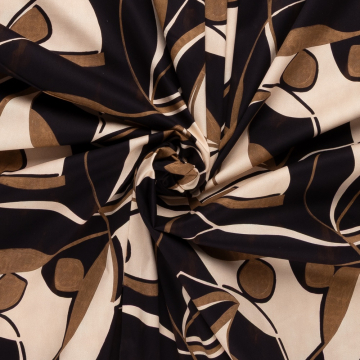 beige katoen met stretch met zwart bruin grafisch dessin