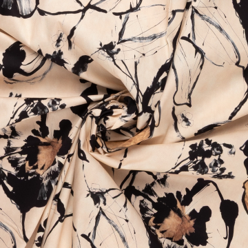 beige katoen met stretch met zwart bruin abstract bloem dessin