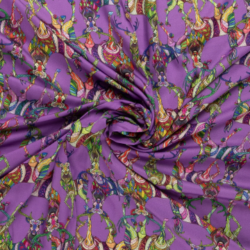 paars viscose satijn stof met multicolor fantasie hert