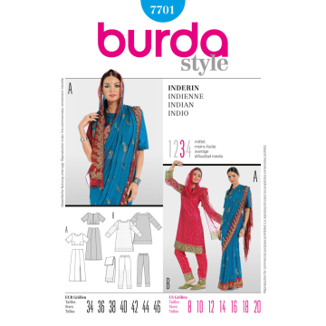 Indiase sari, salwaar kameez met bijpassende sjaal, dupatta (maat 34-46) Burda 7701