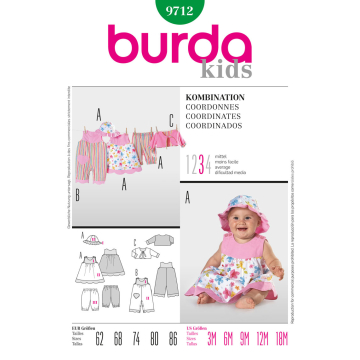 jurkje, salopette, broekje, jasje en zonnehoedje (maat 62-86) Burda 9712