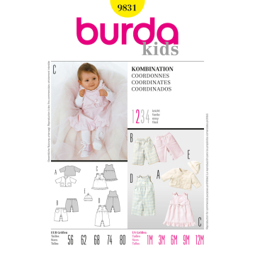 broekje, tuinbroekje, jurkje, jasje en mutsje (maat 56-80) Burda 9831
