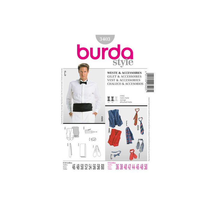 Böttger Stoffenwinkel - gilet, stropdas, strikje (maat 46-60) Burda 3403 - burda3403