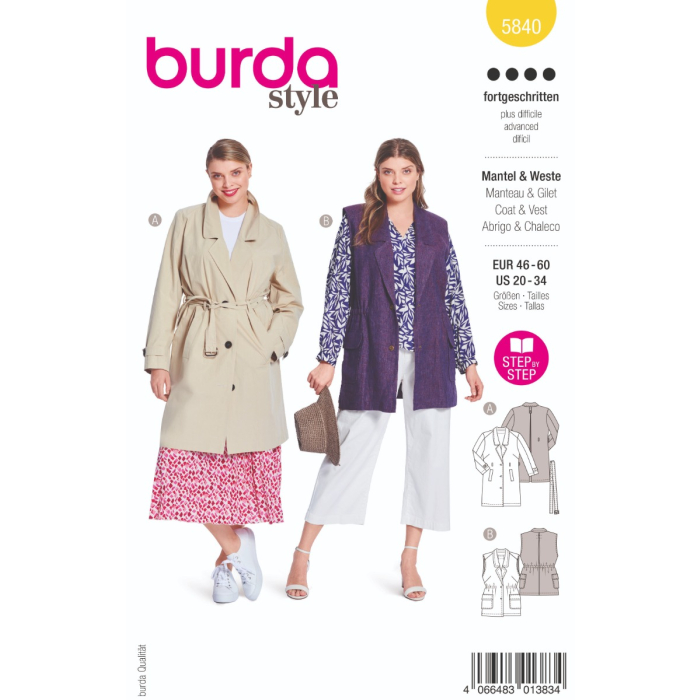 Böttger Stoffenwinkel - trenchcoat en gilet (maat 46-60) Burda 5840 - Burda5840