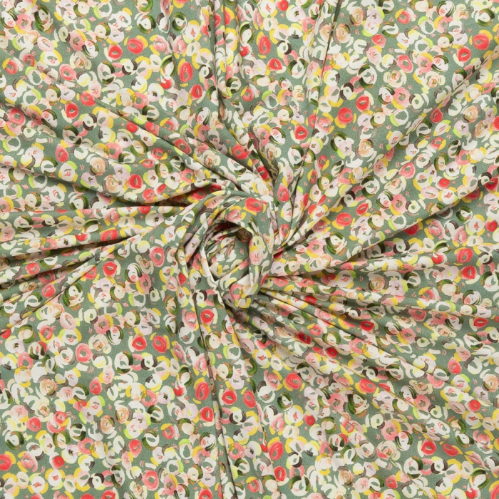 Böttger Stoffenwinkel - olijf groen stretch tricot stof met rood geel ecru fantasie cirkel dessin - 59742