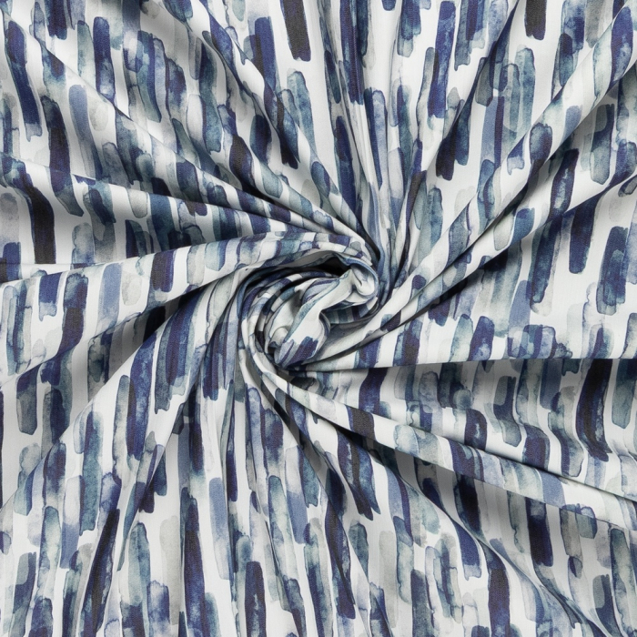 Böttger Stoffenwinkel - gebroken wit stretch denim stof met batik blauw vegen dessin - 63788