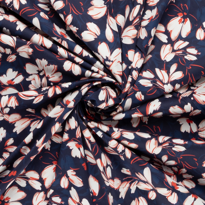 Böttger Stoffenwinkel - donkerblauw satijn katoen met stretch met wit rood bloemdessin - 63790