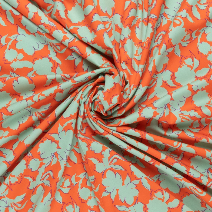 Böttger Stoffenwinkel - oranje satijnen stof met mintgroen abstract bloemdessin - 65475