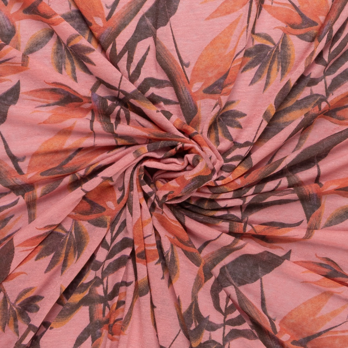 Böttger Stoffenwinkel - fuchsia linnen tricot stof met oranje bruin vintage bloemdessin - 65643