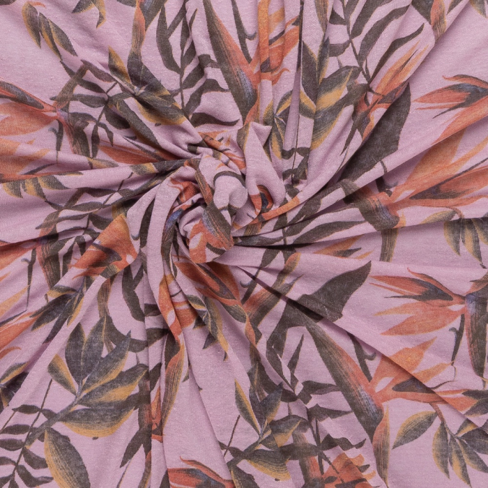 Böttger Stoffenwinkel - lila linnen tricot stof met oranje bruin vintage bloemdessin - 65644