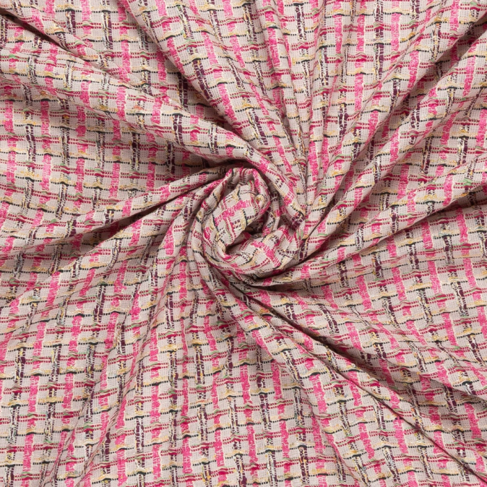 Böttger Stoffenwinkel - beige fuchsia geel geruit couture bouclé stof - 65777
