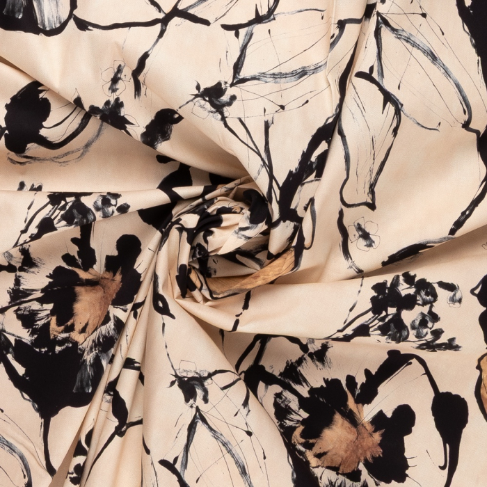 Böttger Stoffenwinkel - beige katoen met stretch met zwart bruin abstract bloem dessin - 66066