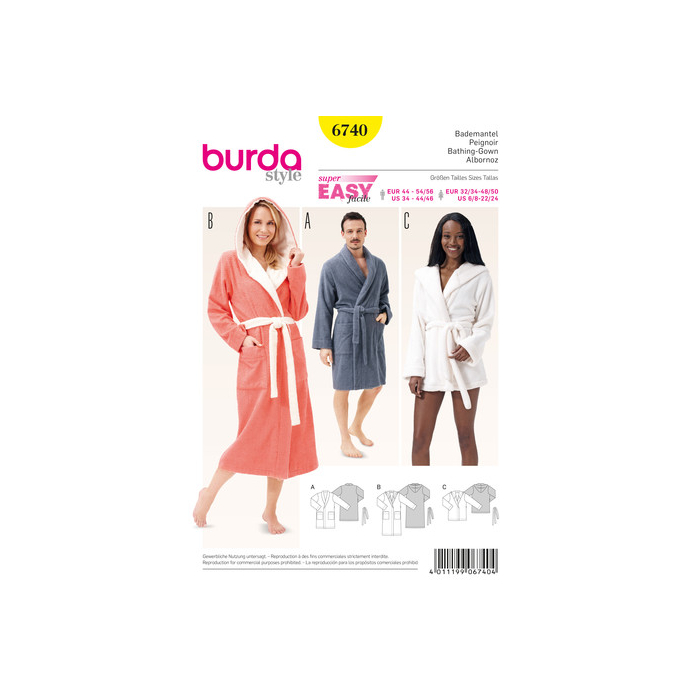 Böttger Stoffenwinkel - badjas (damesmaat 32/34-48/50, herenmaat 44-54/56) Burda 6740 - burda6740
