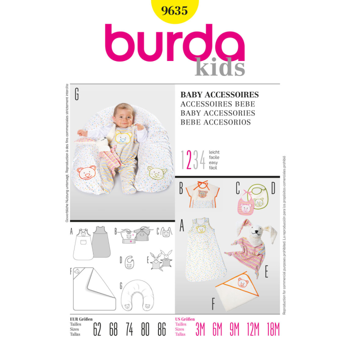 Böttger Stoffenwinkel - slaapzak, slabbetjes, badcape, voedingskussen en knuffelkonijn (maat 62-86) Burda 9635 - burda9635