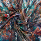 Böttger Stoffenwinkel - carbon blauw viscose satijn stof met turquoise brique paars victoriaans dessin Italiaans import - 66052