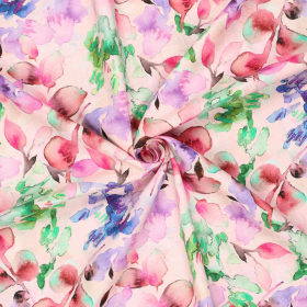 roze linnen stof met lila fuchsia aquarel bloemen
