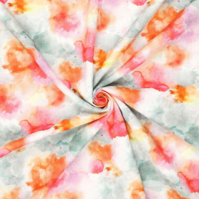 creme linnen stof met zachtroze lindegroen abstract bloemen dessin