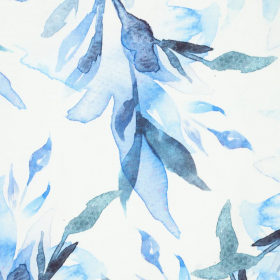 wit stretch satijn katoen stof met blauw petrol blad dessin