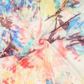 wit katoen dobby stof met rood, geel blauw abstract dessin 