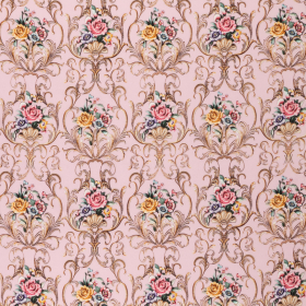roze pastel stretch zijde crepe satijn met goudkleurig en gebloemd barok dessin Italiaans import