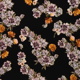 zwart stretch tricot met aubergine wit geel bloem dessin italiaans import