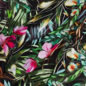 zwart linnen viscose met gekleurd blad en bloem inkjet print