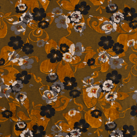 oker stretch tricot grijs zwart room gebloemd met flock print