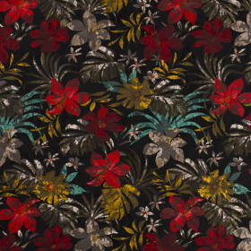 zwart stretch tricot mint rood oker gebloemd met flock print