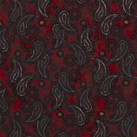 stretch tricot grijs donkerrood wit paisley dessin met flock print
