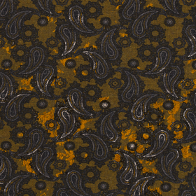 stretch tricot grijs okergeel wit paisley dessin met flock print