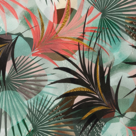 crepe viscose met zeegroen koraal zwart bladdessin italiaans import