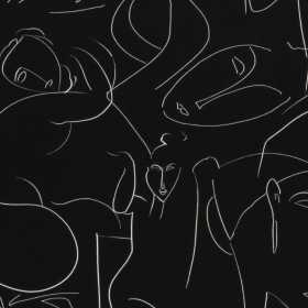 zwart satijnkatoen met stretch met witte abstracte gezichten italiaans import