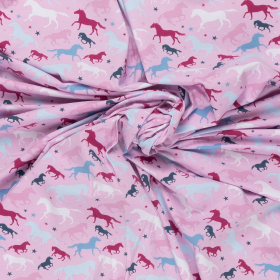 roze stretch jersey met cerise petrol blauw wit paarden dessin bedrukt