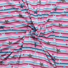 french terry met roze blauw grijs streep en sterren print bedrukt