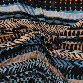 stretch tricot met zwart zand blauw fantasie streep dessin 