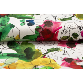 gebroken wit stretch tricot stof met cyclaam groen geel abstract bloemdessin