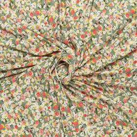 olijf groen stretch tricot stof met rood geel ecru fantasie cirkel dessin